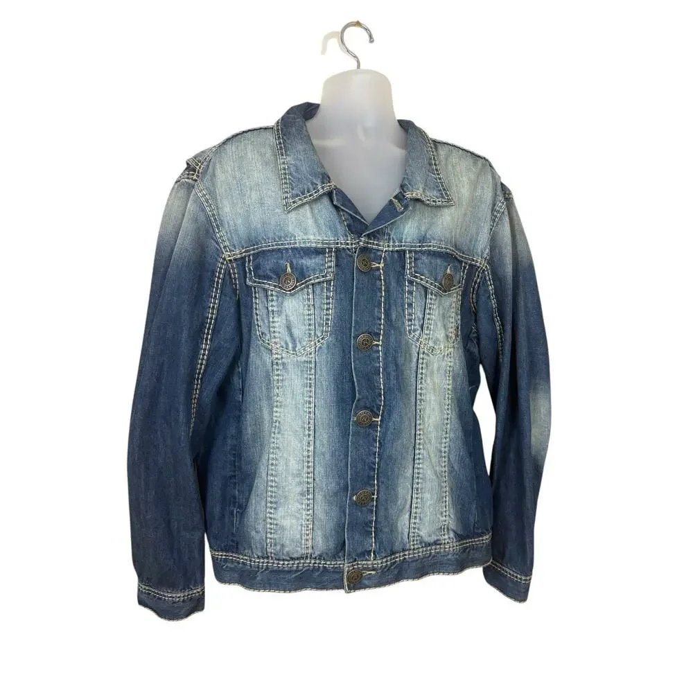 Rivet‎ de Cru Jacket Mens Size 3X Classic Trucker Denim Stitched Moto Distressed